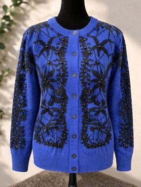 Vintage Kitty Hawk Vivian Wang Wool Blend Beaded Embroidered Cardigan L Blue